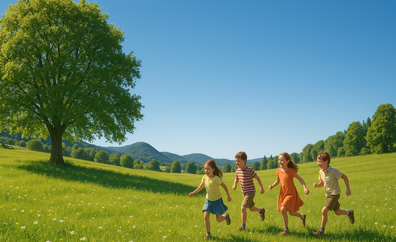 image d'un jour ensoleillé sans nuages avec des enfants qui jouent représenté par Copilot