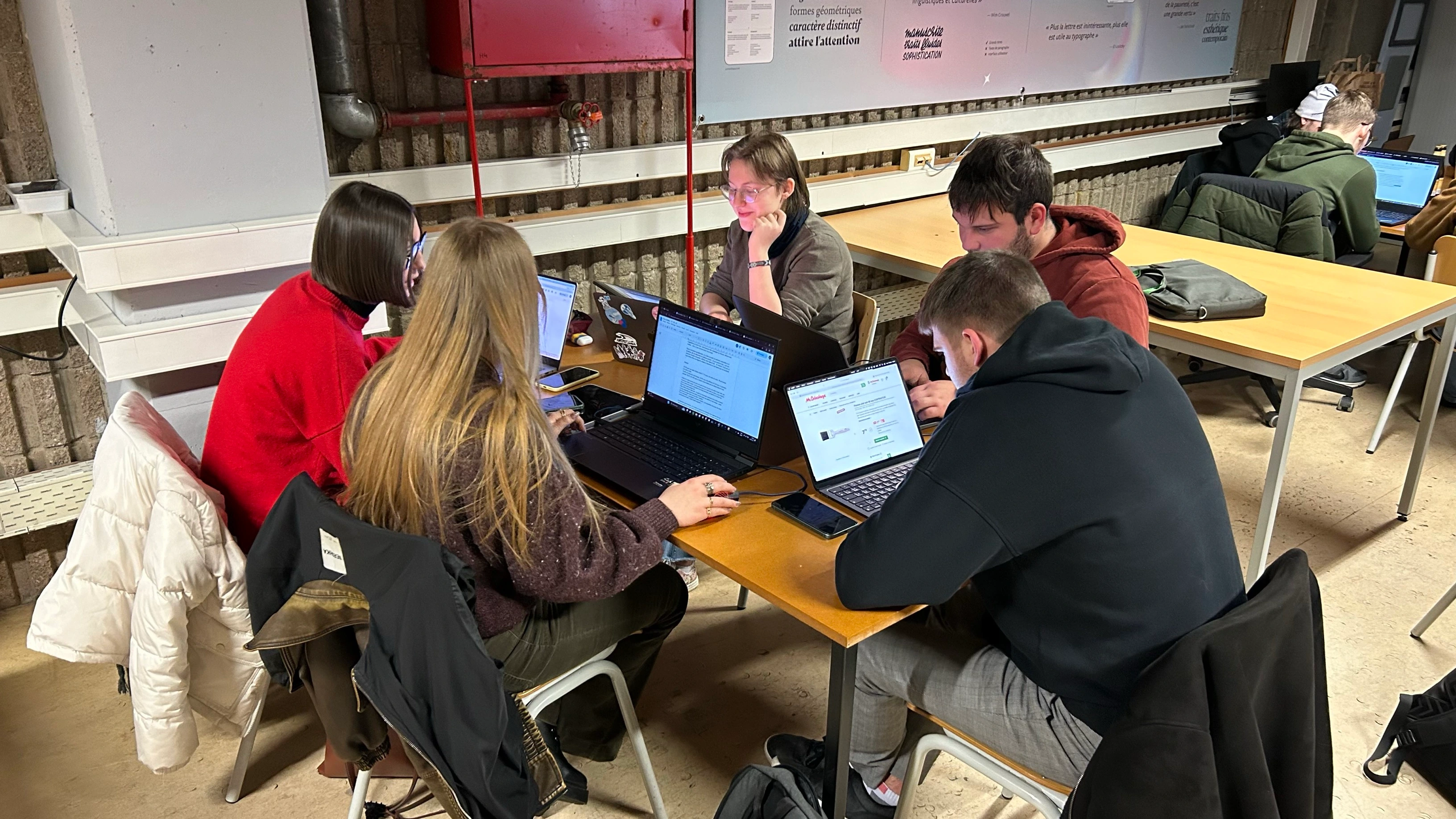 Le groupe (Danica, Alyssa, Noa, Jarne et Elodie) qui travaillent