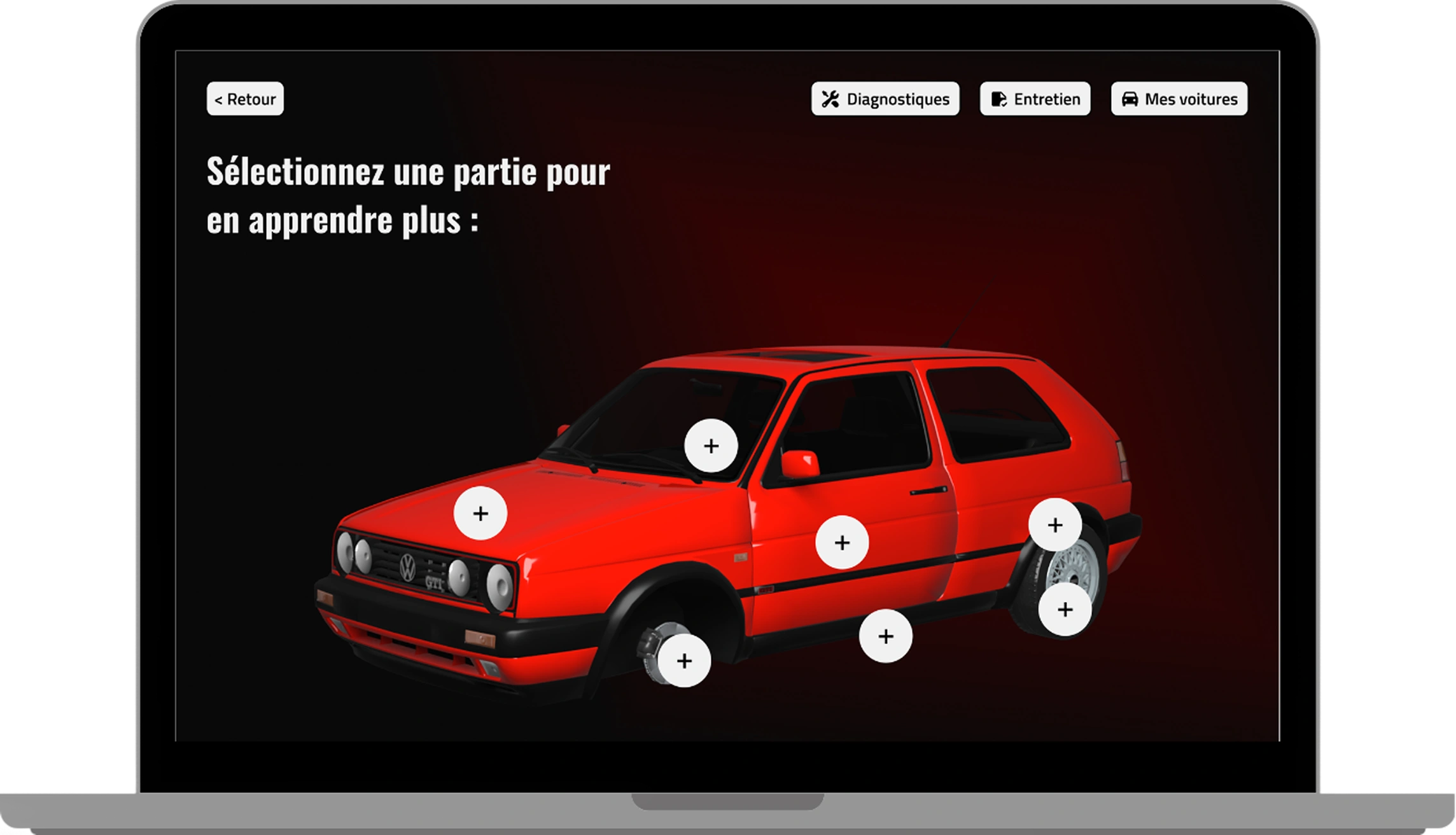 Mockup sur un ordinateur portable de la page sur la quelle on choisi la partie que l'on voudrait exploré